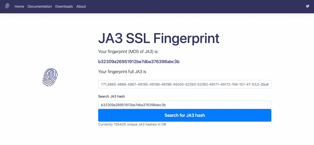 La página principal de Ja3er donde se puede ver las huellas digitales.