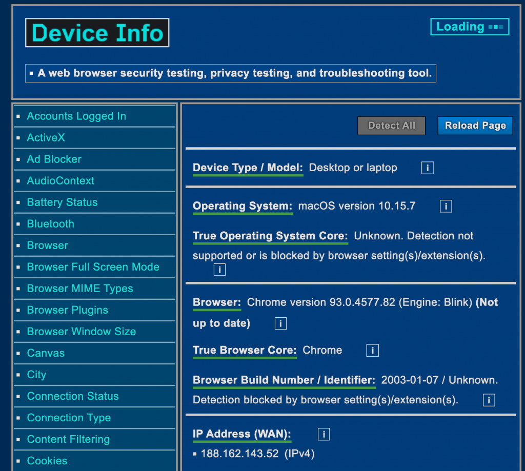 La página principal de Device Info que muestra la información de tu navegador.