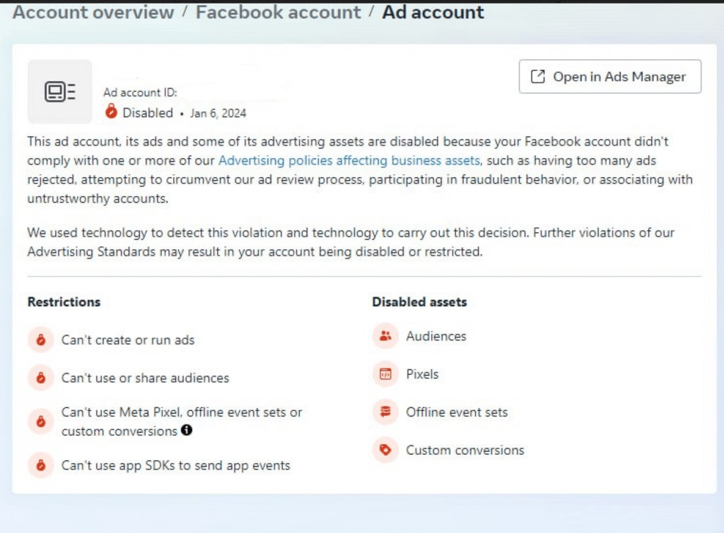 La imagen en la que podemos ver una cuenta publicitaria de Facebook con restricciones.
