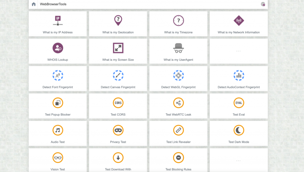 La página principal de WebBrowserTools