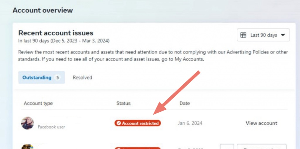 Una cuenta publicitaria de Facebook con restricciones.