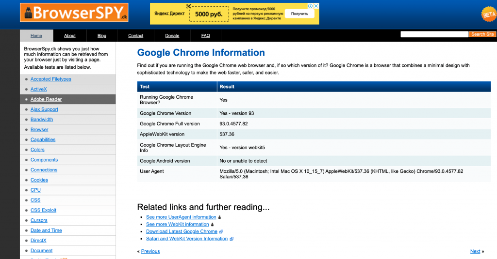 La página principal de BrowserSPY que muestra la información de tu navegador.