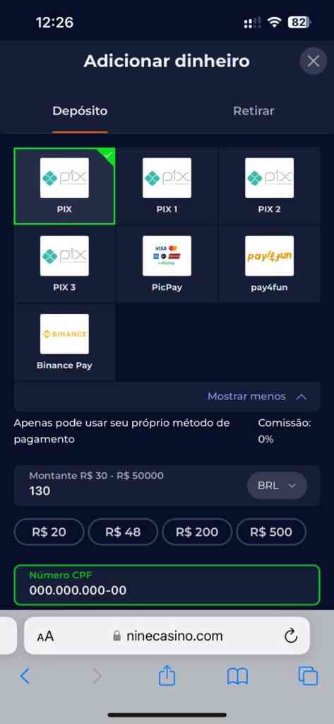Página de recarga de NineCasino