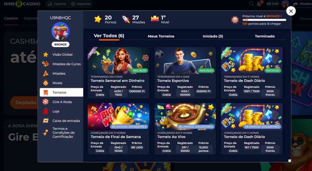 Sección de Torneos de NineCasino