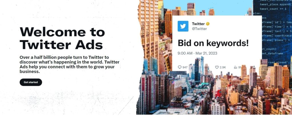 Captura de pantalla de la página de inicio de Twitter Ads