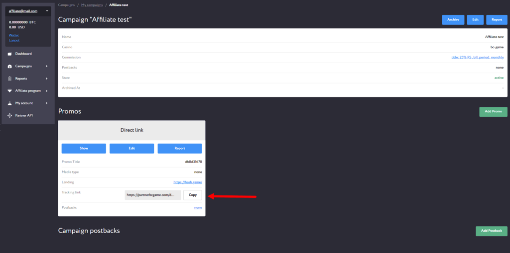 La sección donde se puede configurar un postback para la campaña creada.
