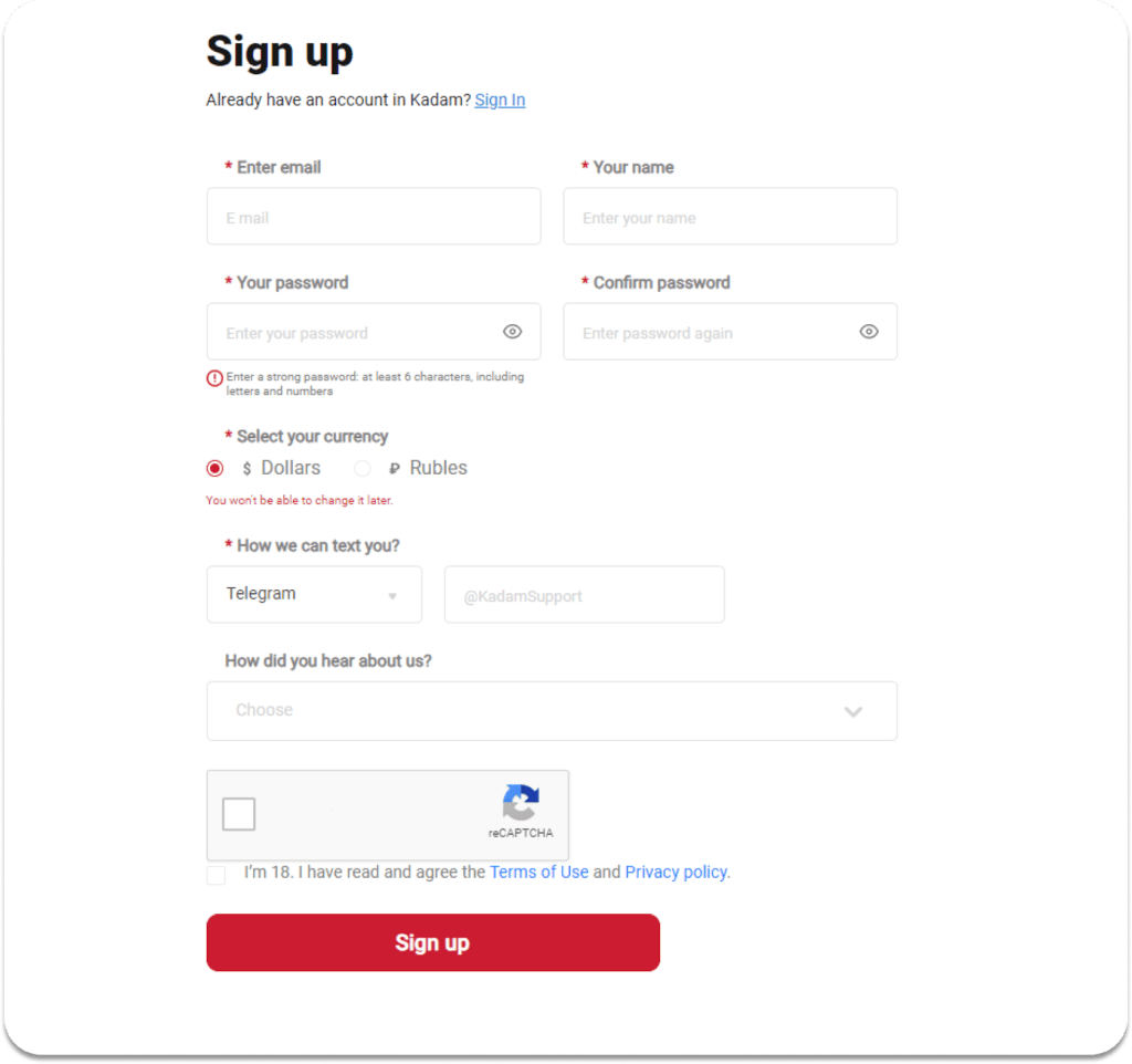 El proceso de registro en Kadam