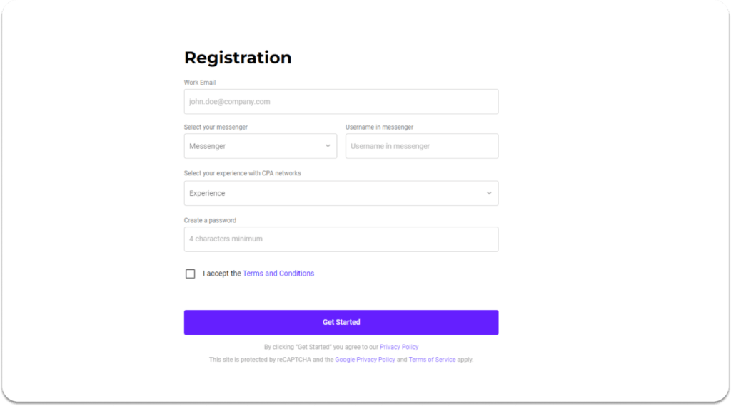 El formulario de registro de Yellana