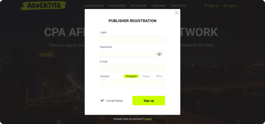 El registro en Advertise 