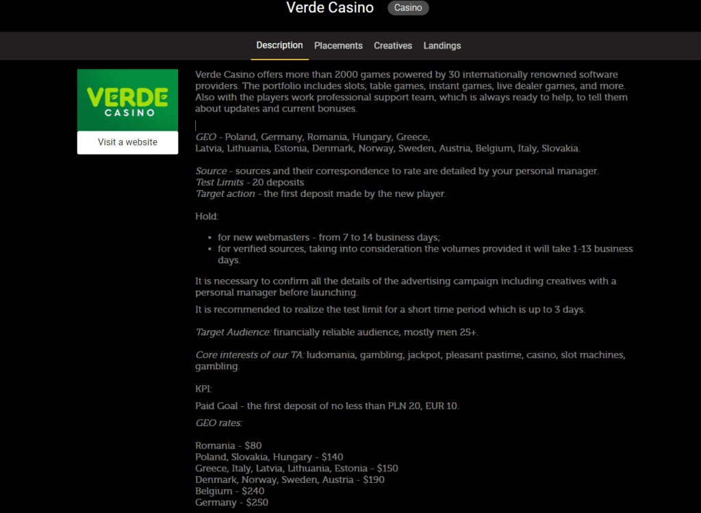 Página de ofertas del casino verde